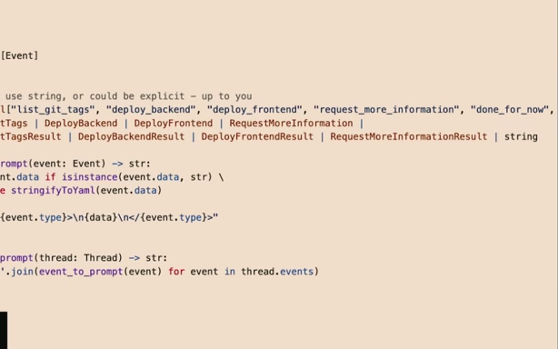 class Thread with events List[Event]; event_to_prompt renders each event as an XML-ish block; thread_to_prompt joins them