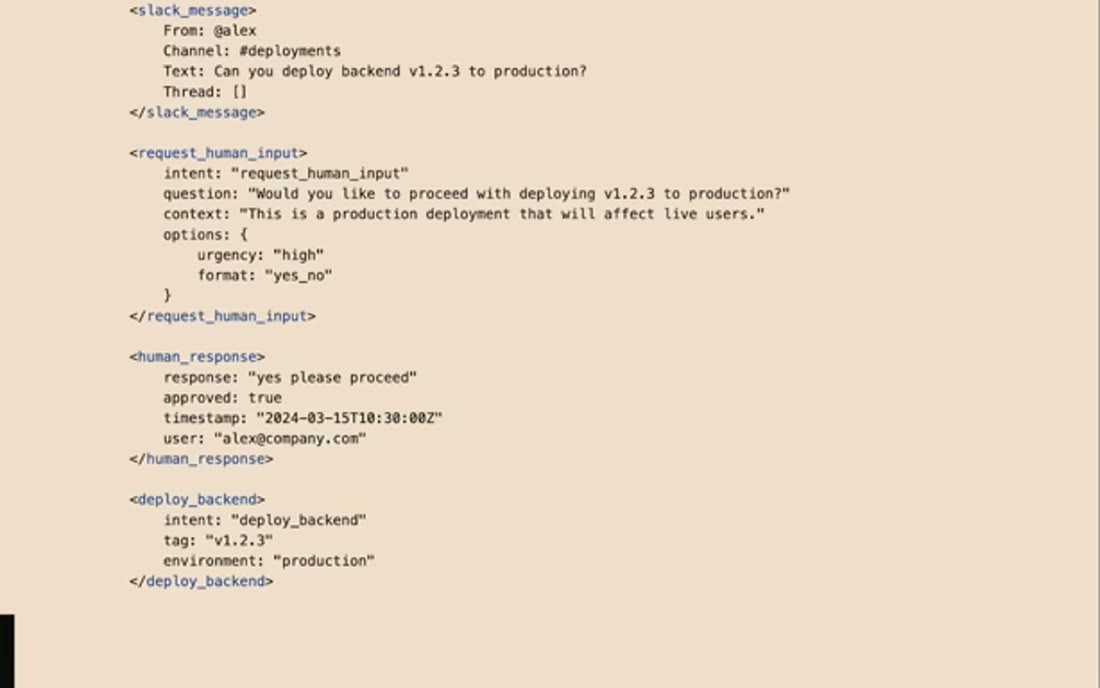 Trace showing slack_message, request_human_input with options, human_response approved, then deploy_backend