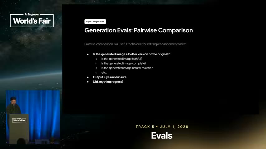 Generation Evals: Pairwise Comparison - is the output better than the input, faithful, complete, natural, and did anything regress?