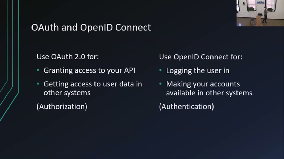 Slide: use OAuth 2.0 for authorization, OpenID Connect for authentication