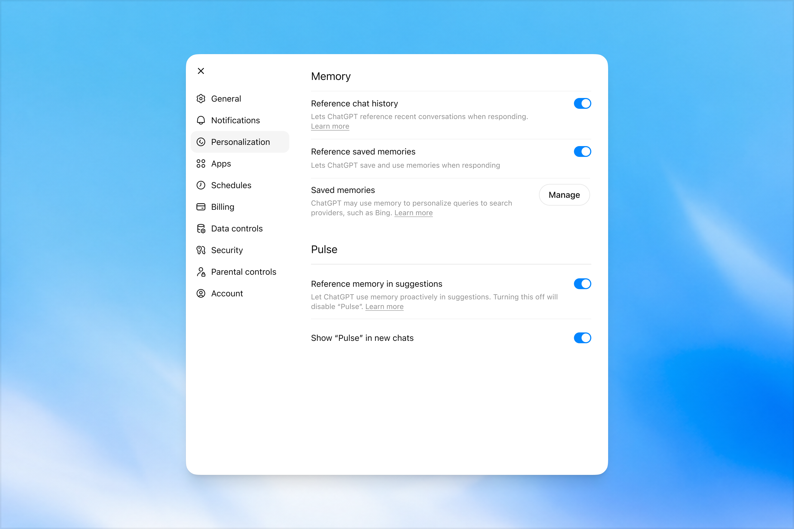 Memory settings: five switches, including one for proactive use