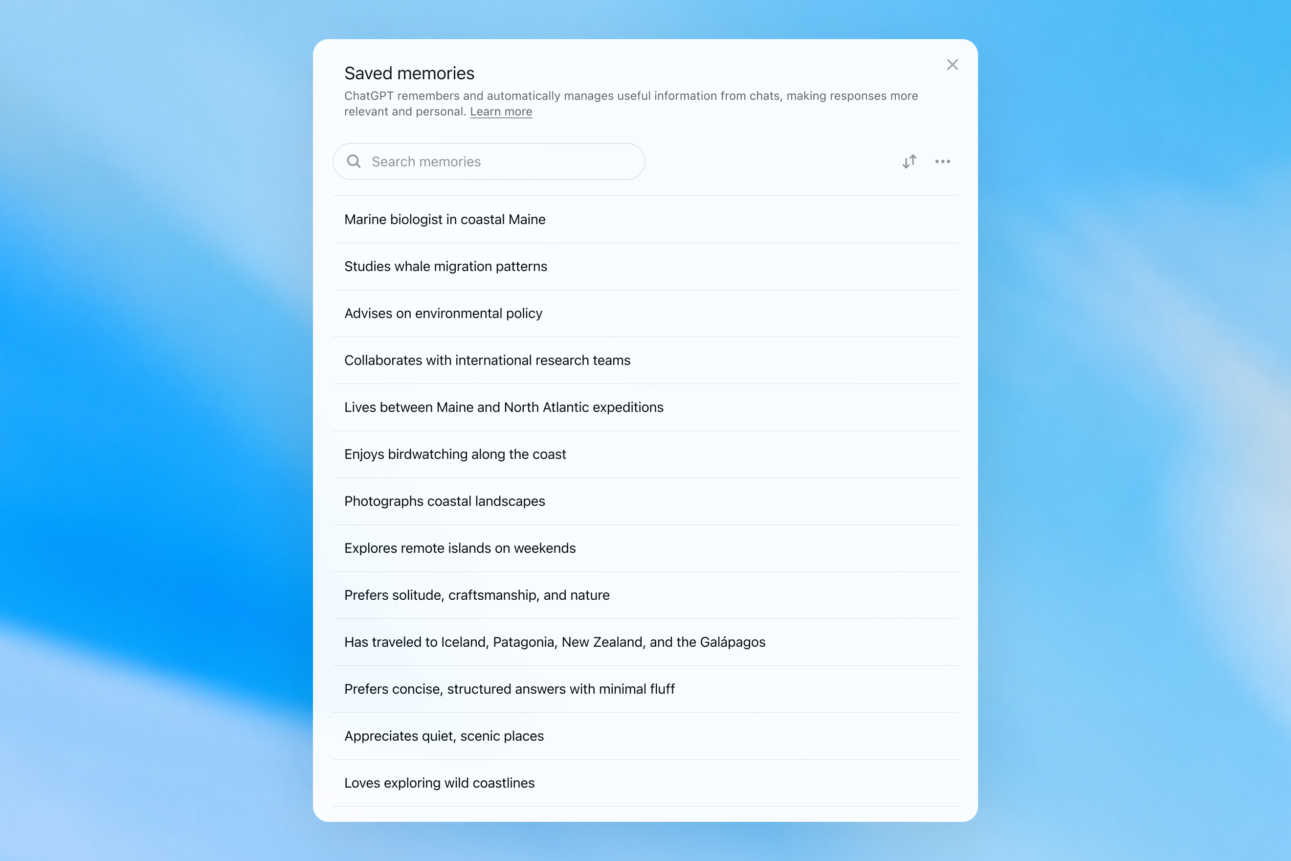 Saved memories: a flat, append-only list of atomic assertions