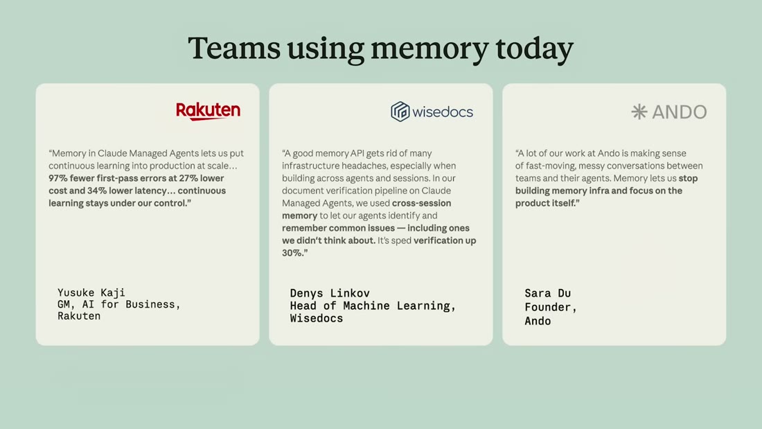Slide "Teams using memory today": three attributed customer pull-quotes