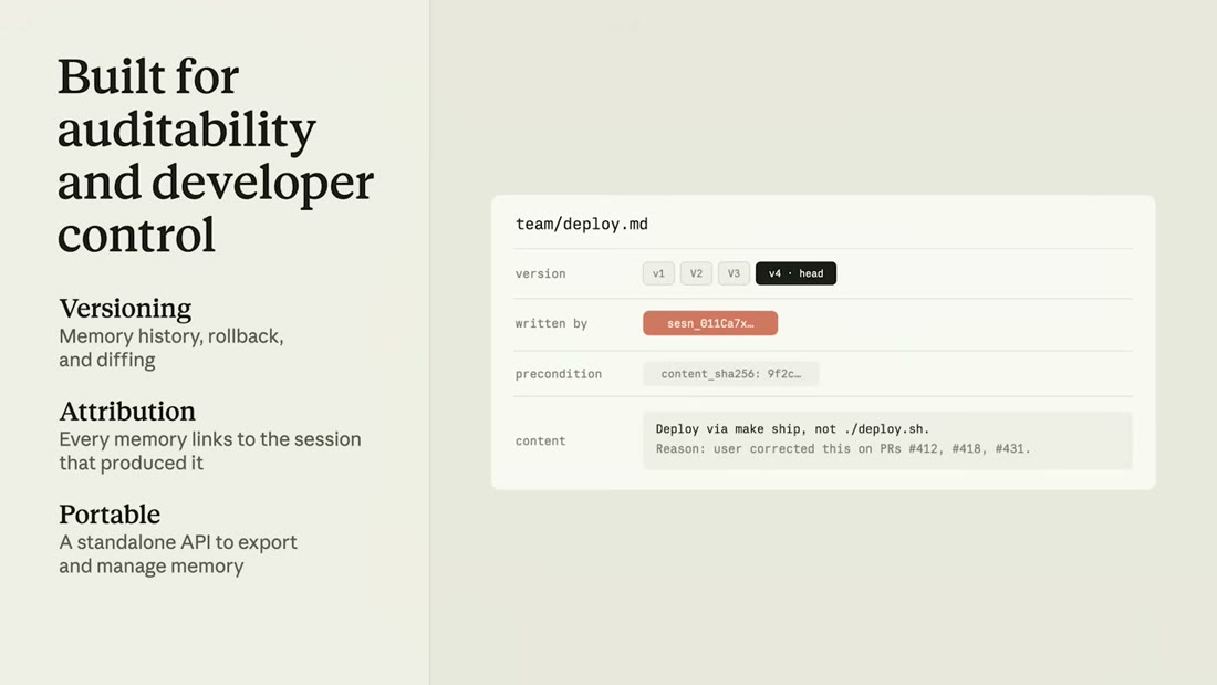 Slide "Built for auditability and developer control": versioning with rollback and diffing, attribution linking every memory to its session, and a portable standalone API